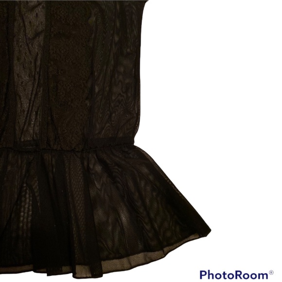 RARE SEXY VINTAGE SHEER BLACK TOP W LACE, CAP SLEEVES CINCHED WAIST BLOUSE - Picture 5 of 11